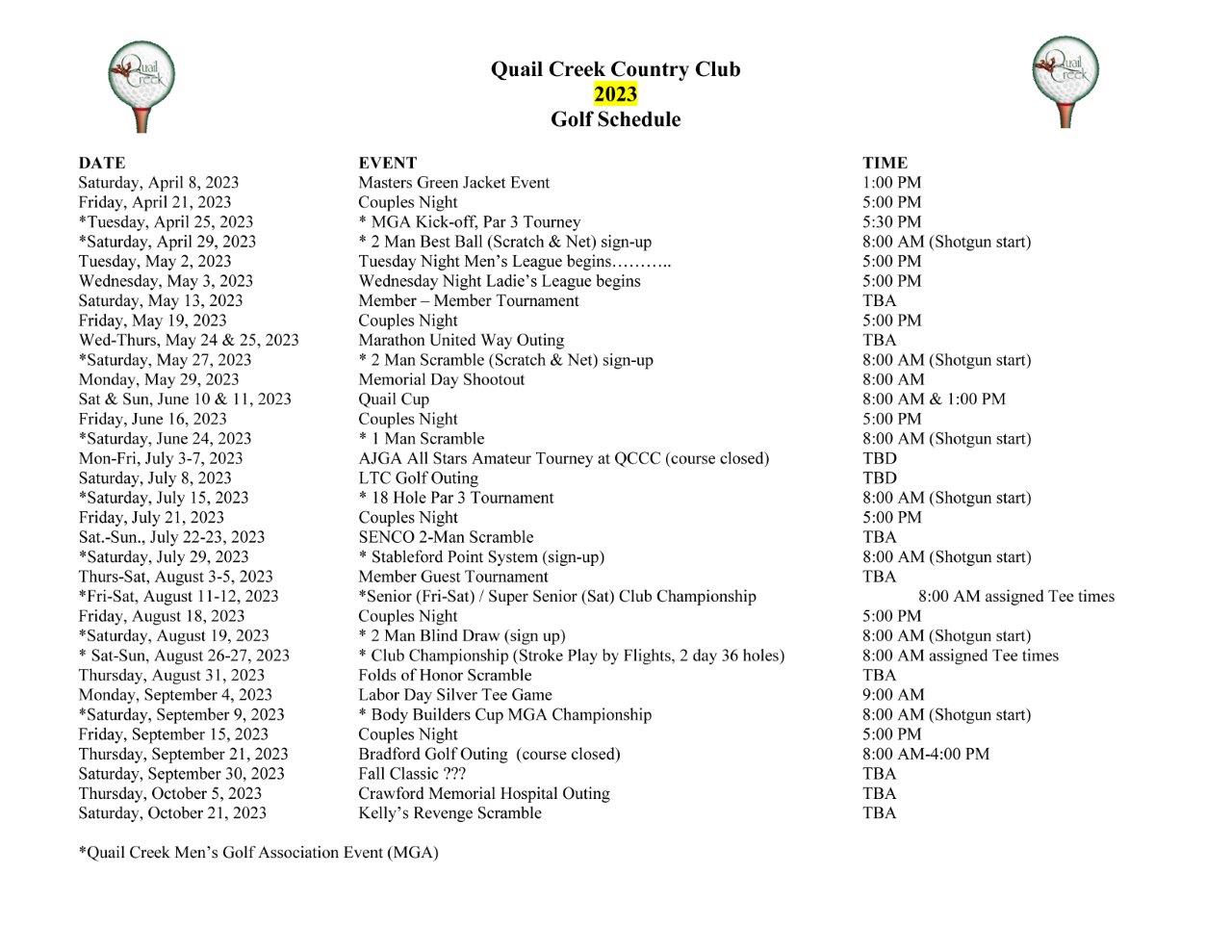 2023 QCCC Golf Schedule